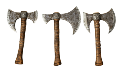 Set of three rusty double-headed axes with wooden handles