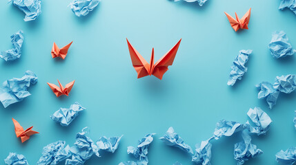 Transformation of a paper crane amidst crumpled sheets, symbolizing resilience and creative rebirth.