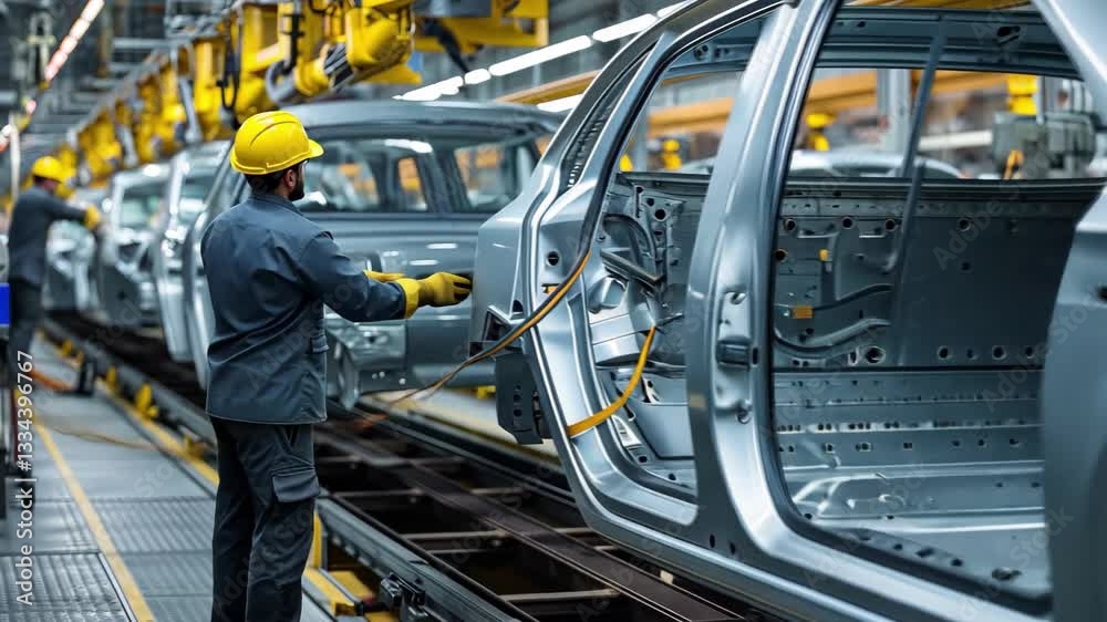 Poster Workers assemble car frames in an advanced manufacturing facility during the day shift showcasing efficiency and teamwork