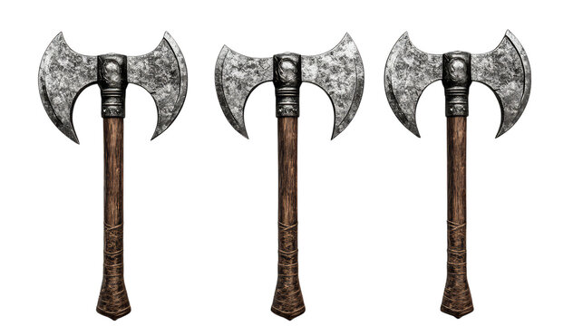 Set of three double-headed axes with wooden handles