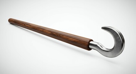 Close-up of a Modern Walking Cane with Wooden Shaft and Metal Hook