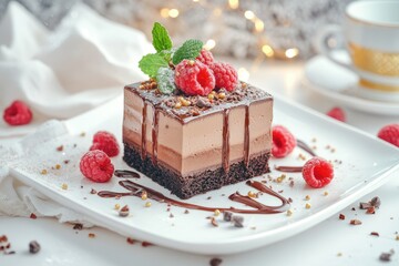 Indulgent chocolate dessert topped with fresh raspberries and mint served on a white plate