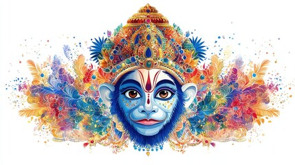 Colorful Artistic Representation of Hindu Deity Hanuman with Vibrant Patterns and Feathers