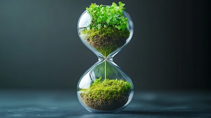 Growth Through Time Hourglass with Green Plants and Moss Symbolizing Sustainable Future and Development