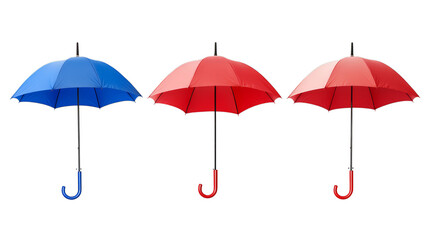 Three colorful umbrellas: blue and red designs on display