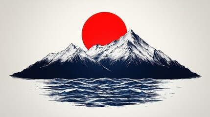 Serene Mountain Landscape with Vibrant Red Sun and Soft Waves in Tranquil Setting