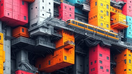 Colorful Urban Architecture with Vibrant Shipping Containers and Elevated Train Tracks