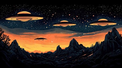 Stunning Alien Landscape with UFOs and a Starry Sky Over Majestic Mountains at Dusk