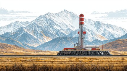 Industrial Facility with Red Tank Against Majestic Snow-Capped Mountain Range Landscape