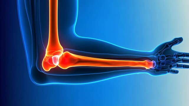 X-ray scan of a human arm, highlighted bones and joints, showing the skeletal structure in a medical blue background for healthcare and anatomy concepts, perfect for medical education and diagnostics.