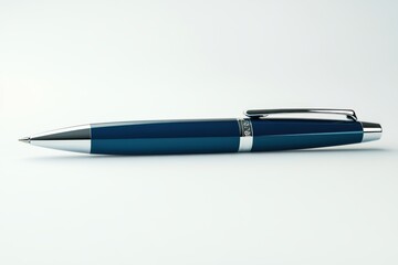 3D Blue Ballpoint Pen with Shiny Silver Clip - Minimalistic Design Isolated on White Background