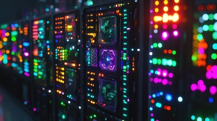 Colorful Lights Display on Computer Servers in Dark Environment