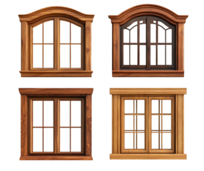 Collection of vintage wooden window frames with distinct designs