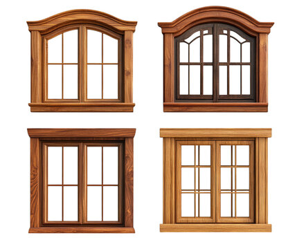 Collection of vintage wooden window frames with distinct designs