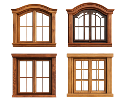 Collection of vintage wooden window frames with distinct designs