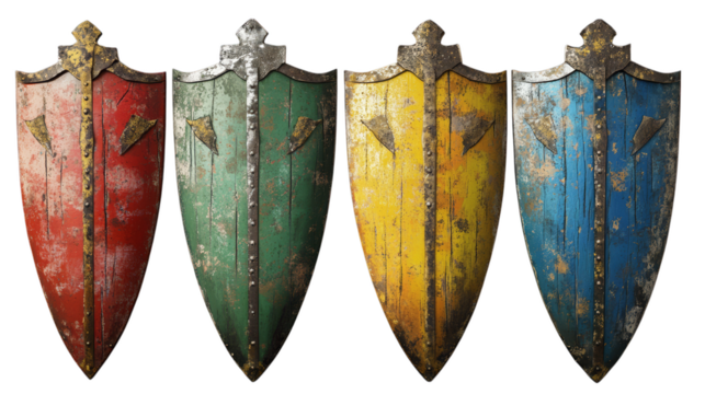 Set of four weathered medieval shields in red, green, yellow, and blue