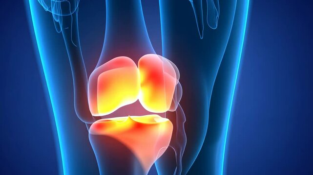 A digital X-ray illustration of a human knee joint highlights inflammation in red, indicating pain, arthritis, or injury. The blue transparent visualization shows bones, cartilage and joint structure.