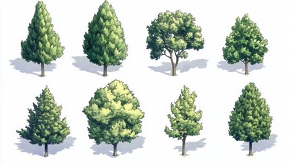 Collection of stylized trees, various shapes and sizes.  Different foliage details and lighting effects are shown