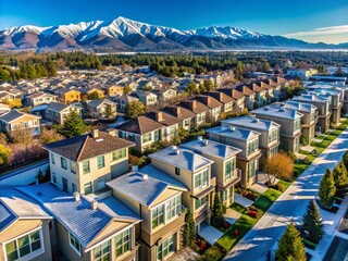Fototapeta premium Aerial View: Silicon Valley Townhouses, Snow-capped Bay Area Peaks