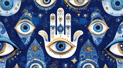 Evil eye designs for fabric, clothing, and home decor. Patterns feature Hamsa hands and blue, white, and gold eyes.  
