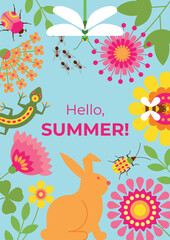 Beautiful summer floral background with insects and animals. Bright flyer with abstract decorative flowers, hare, beetles, ants, dragonfly and bee.