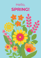 Beautiful floral background with decorative flowers and leaves. Bright flyer with spring blooming.