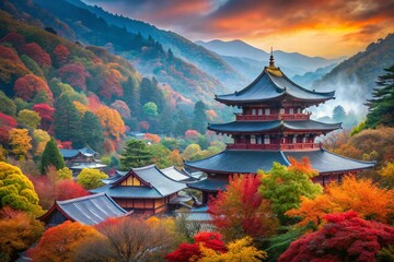 Ancient Temple, Colorful Autumn Trees, Mountain Scenery - Stock Photo