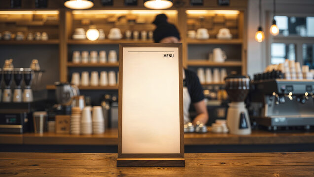 Blank menu board on counter with blurred barista background