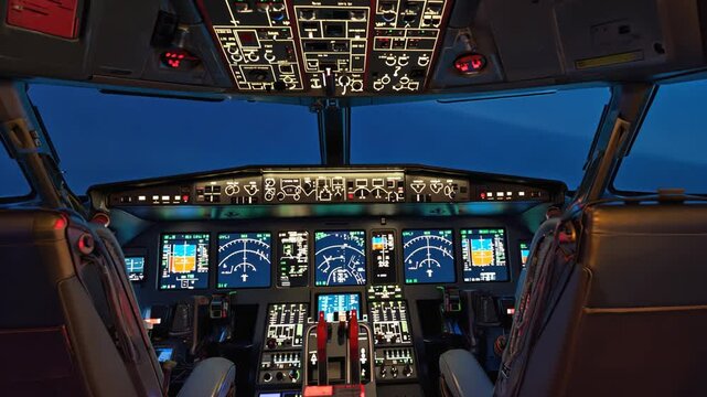 Airplane cockpit illuminated with bright digital displays, control panels and navigation instruments, aviation technology and flight control in modern aircraft for pilots and aerospace professionals.