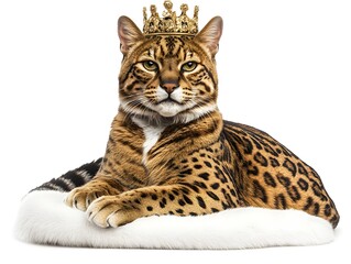 Fototapeta premium A majestic Bengal cat, adorned with a golden crown, rests regally on a plush white cushion against a pure white background.
