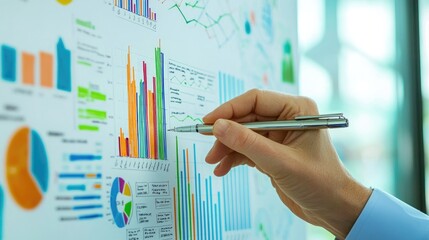 Business professional analyzing data charts on a presentation board.