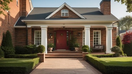 A stately brick colonial house surrounded by lush greenery and neatly trimmed hedges.