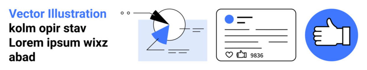 Pie chart with data, user profile interface with thumbs ups, blue thumbs-up icon. Ideal for data analytics, social media marketing, user interaction, engagement tools, data reporting, communication