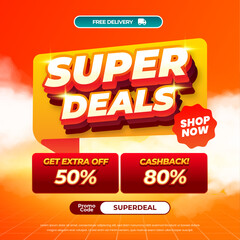 Super Shopping Sale discount deals Orange gradient Editable text effect Promo code Pop up Cashback Grid style Promotional square banner poster flyer 