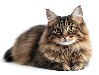 Obraz premium A beautiful longhaired tabby cat lies down on a white background looking directly at the camera with captivating golden eyes.
