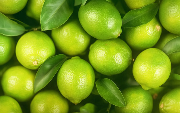 Fresh green ripe limes with leaves background top view