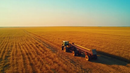 Fototapeta premium A tractor and trailer operate on a field of crops