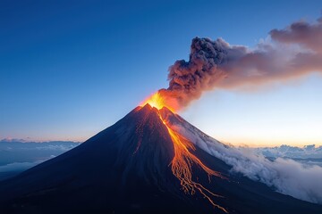 A Breathtaking and Dramatic Display of Nature's Fury: A Towering Volcano Spewing Lava, Molten Rocks, and Thick Ash into the Twilight Sky, Illuminating the Surrounding Landscape.