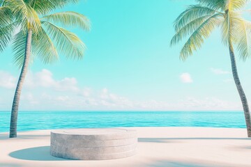 Coastal display podium, tropical beach scene.  A light gray, round podium sits on a sandy beach,  beneath vibrant palm trees. 