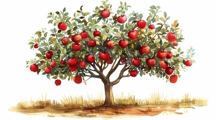 Fototapeta premium Colorful Illustration of a Tall Apple Tree with White Background and Fresh Fruit