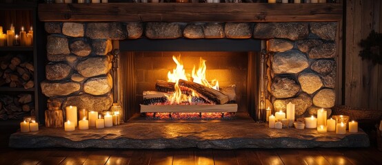 Burning fireplace with candles creating cozy atmosphere in rustic living room
