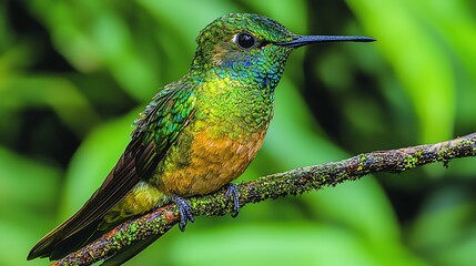 Vibrant Green Hummingbird Perched on Mossy Branch in Lush Tropical Forest