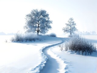 Fototapeta premium A winding snow path leads through a serene winter landscape with frosted trees and tall grasses under a bright winter sky.