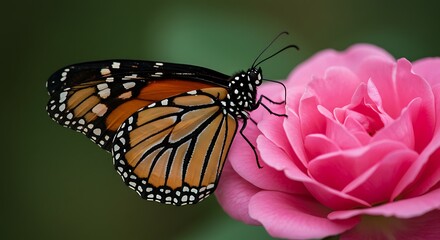 Fototapeta premium Monarch butterfly resting on a pink rose in soft sunlight
