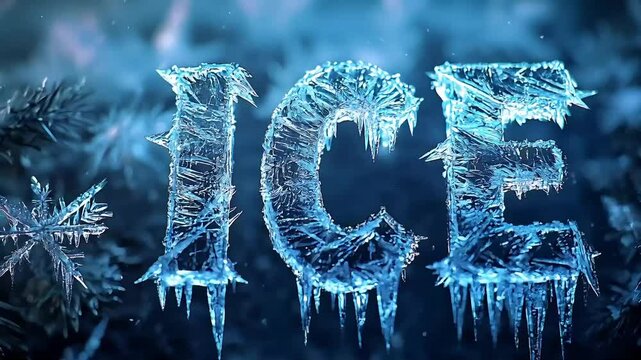 The word ICE is sculpted in detailed, transparent frozen letters with sharp icicle formations, surrounded by frost and intricate snowflakes, creating a cold and crisp winter atmosphere.