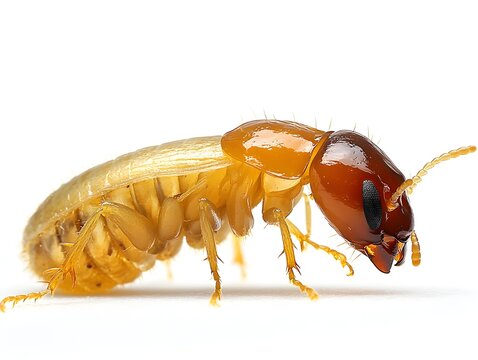 A detailed close-up photograph shows a single termite insect isolated on a white background exhibiting intricate detail of its body segments and head.