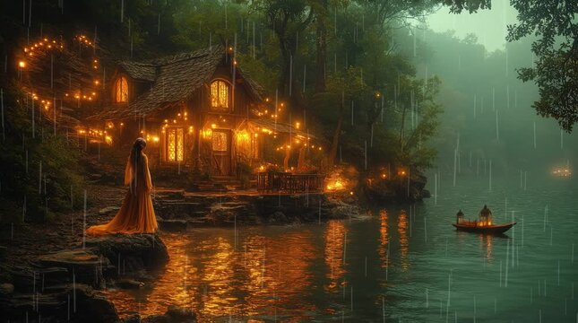 A cozy riverside cottage glowing with warm lights, surrounded by lush trees, with a gentle rain falling and a boat floating nearby, creating a magical and serene atmosphere.