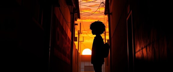 Anime-style figure silhouetted in narrow alleyway, vibrant sunset backdrop, intrigue, blue
