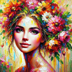Oil paint of a girl with colorful flowers and leaves as decoration.