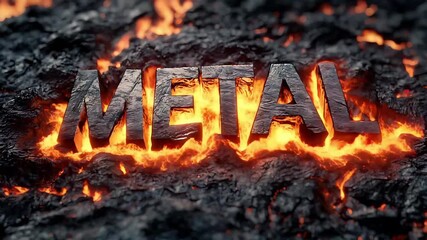 The word METAL appears in large, rough, metallic letters embedded in a cracked lava surface, glowing with fiery orange and red molten veins against dark volcanic rock. - Powered by Adobe